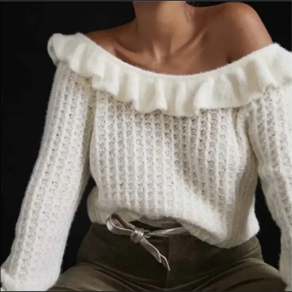 Anthropologie - White Ruffle Boat Neck Knit Sweater- Size M - Picture 1 of 9